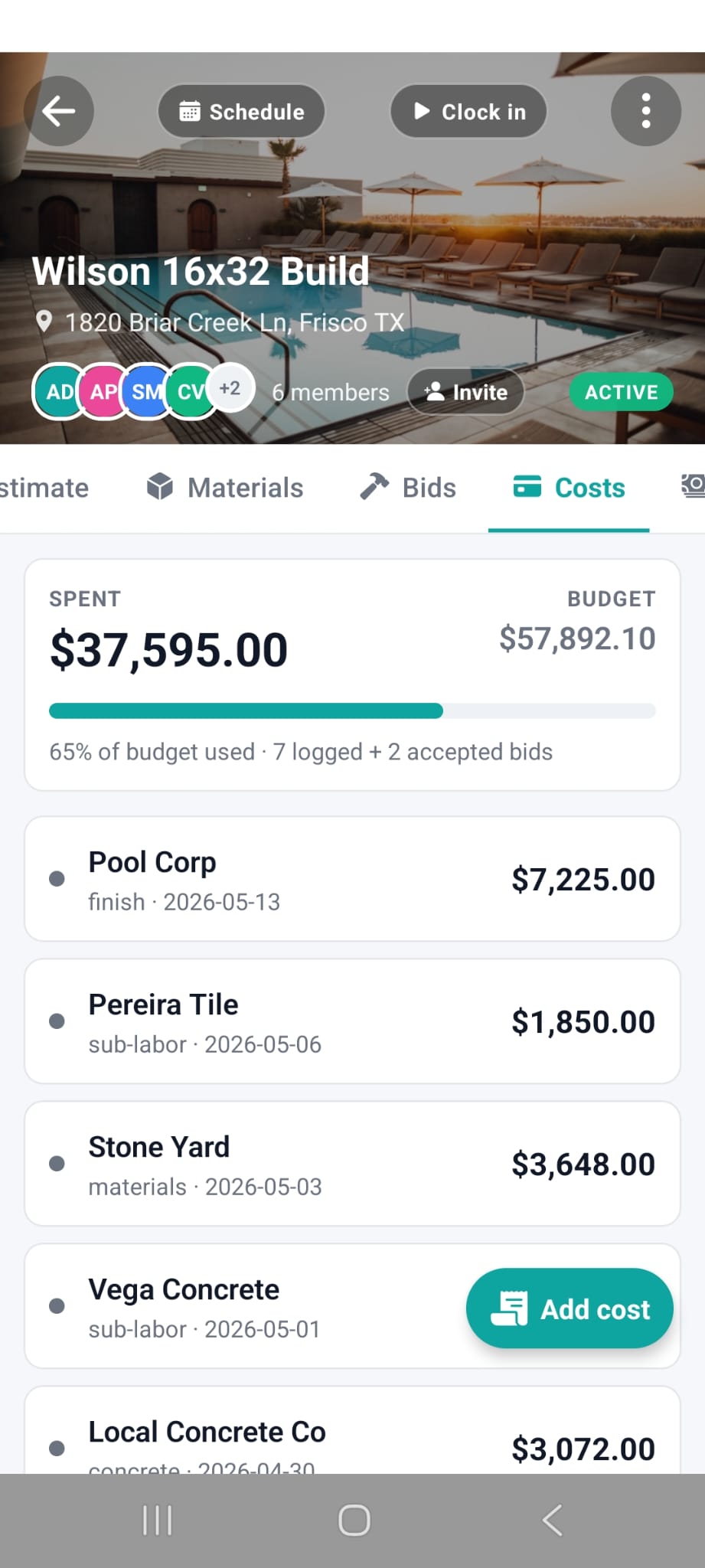 Workhand job Costs tab showing 65% of budget used with itemized supplier and sub-labor entries