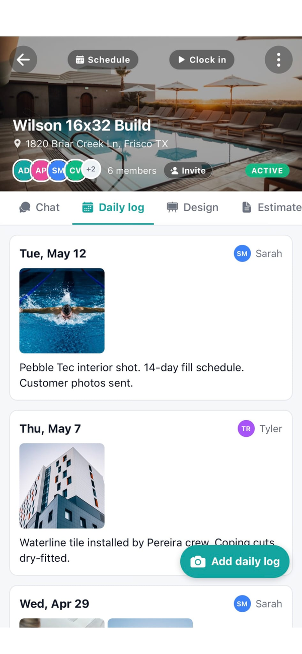 Workhand daily log with photos on a pool build