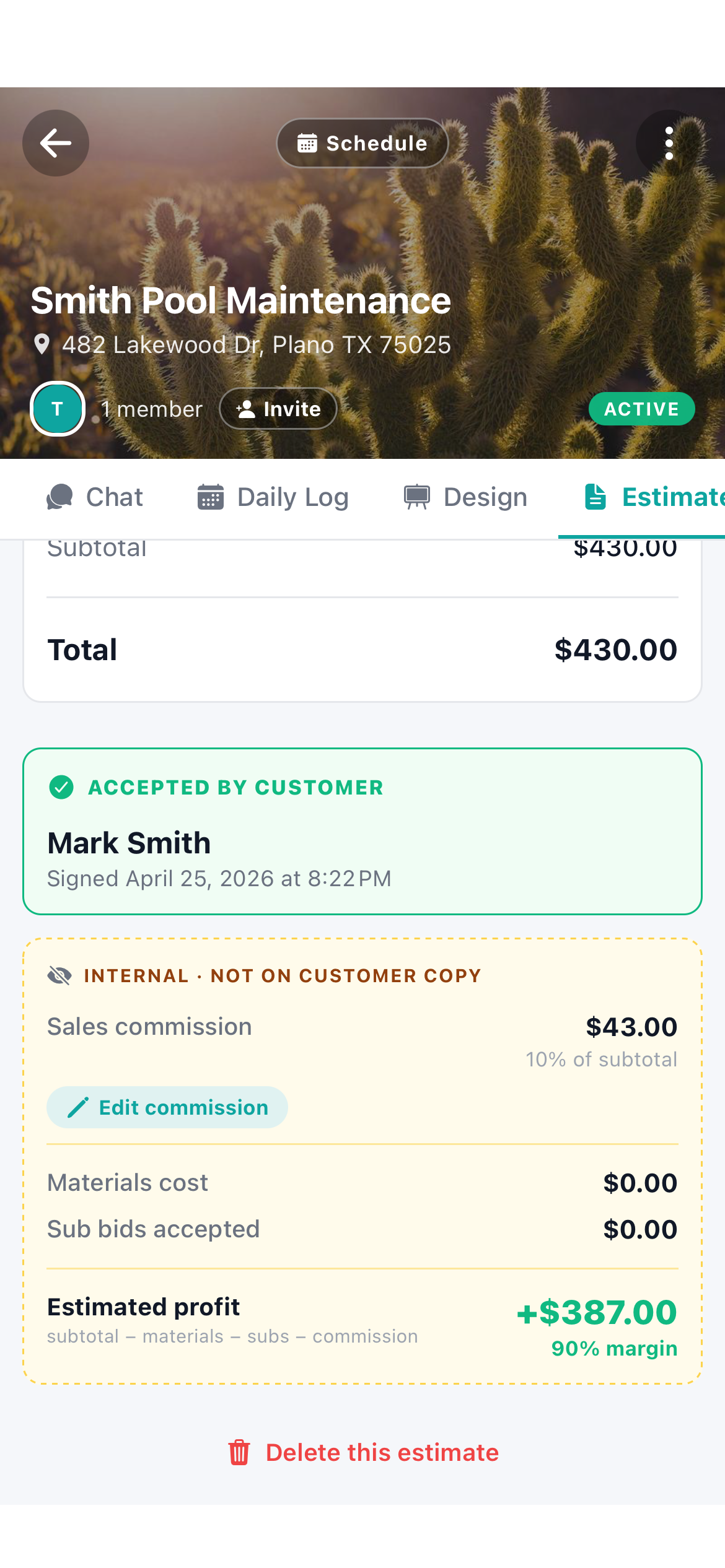 Workhand estimate accepted by customer with digital signature