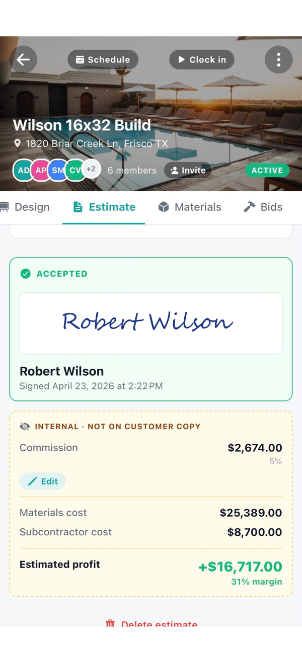 Workhand accepted estimate with profit margin visibility