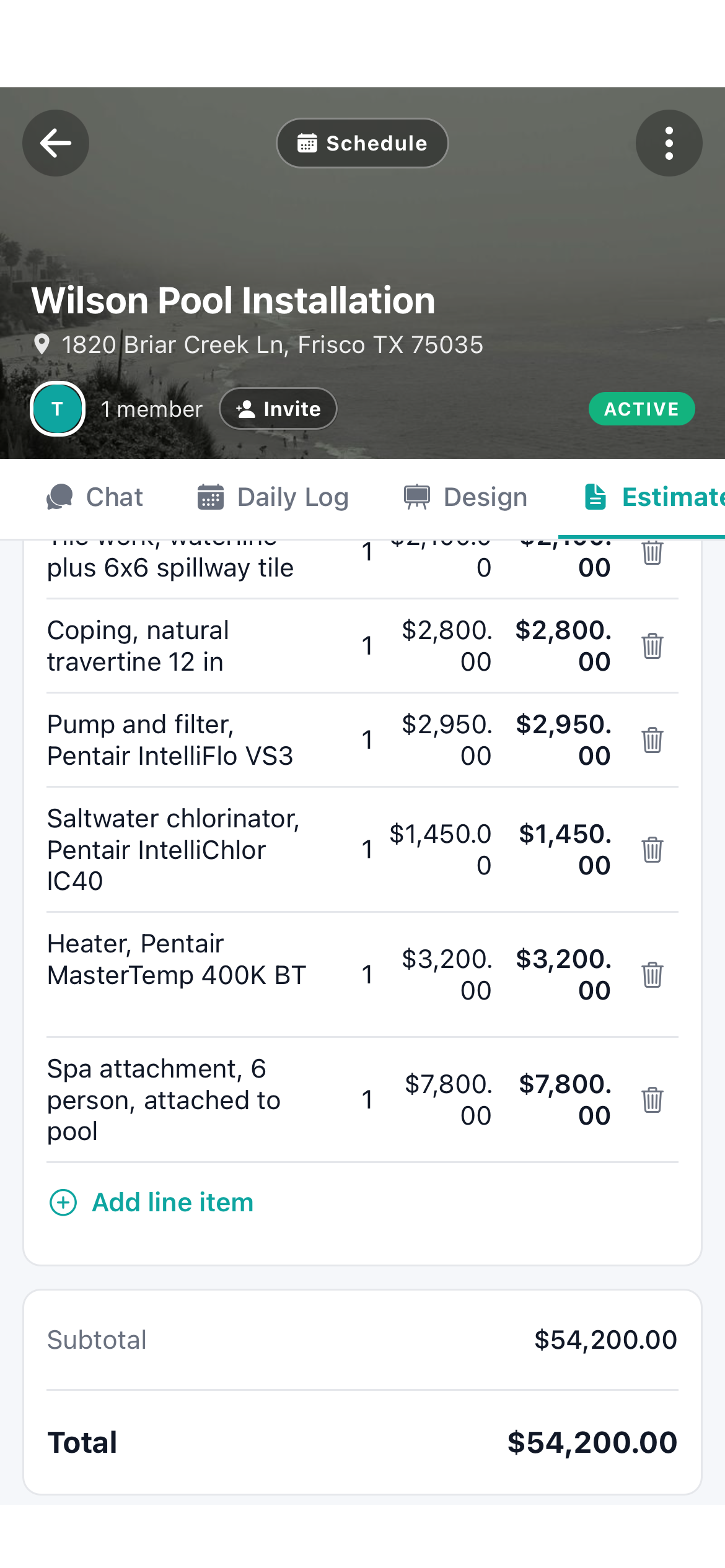 Workhand estimate with line items totaling $54,200