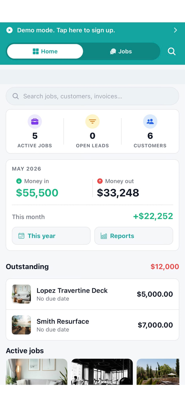 Workhand home dashboard with KPI cards for active jobs, leads, and customers plus monthly money-in versus money-out totals