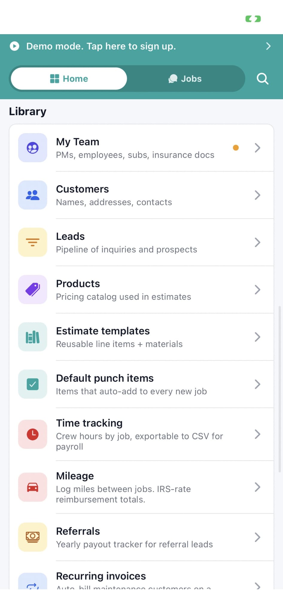 Workhand mobile app Home tab in English