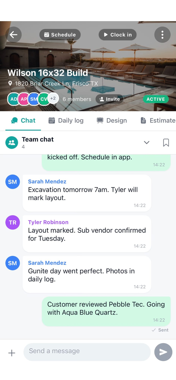 Workhand per-job team chat coordinating pool construction excavation, layout, and customer selections